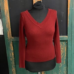 Burgundy Ribbed V-neck, Long Sleeve Sweater Size XS